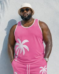 Big & Tall Men's Rose Pink White Edge Coconut Tree Print Vest Shorts Set