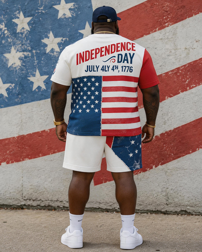 Big & Tall Men's Independence Day Theme Stitching Flag Printed Crewneck Short Sleeve T-Shirt Shorts Set