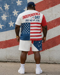 Big & Tall Men's Independence Day Theme Stitching Flag Printed Crewneck Short Sleeve T-Shirt Shorts Set