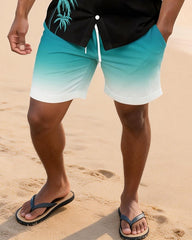 Big & Tall Men's Black Background Green Coconut Gradient Printed Short Sleeve Shirt Shorts Set