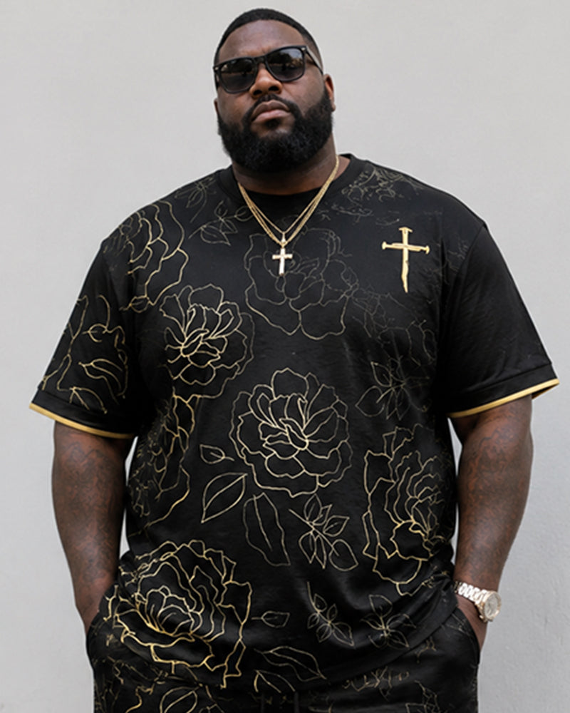 Big & Tall Men's Line Rose Dark Cross Printed Crewneck Short Sleeve T-Shirt Shorts Set