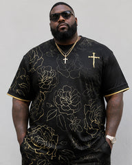 Big & Tall Men's Line Rose Dark Cross Printed Crewneck Short Sleeve T-Shirt Shorts Set