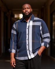 Big & Tall Men's Navy Blue Gradient Check Print Long Sleeve Shirt