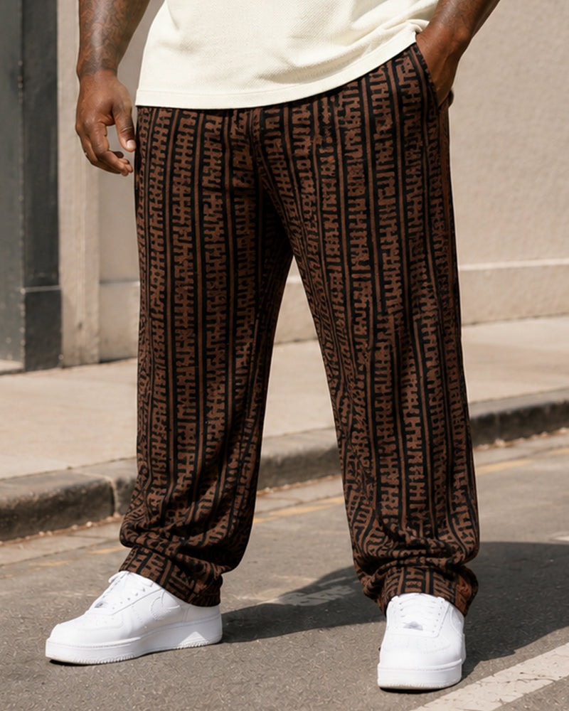 Big & Tall Men's White Brown Stitching Printed T-shirt Trousers Suit