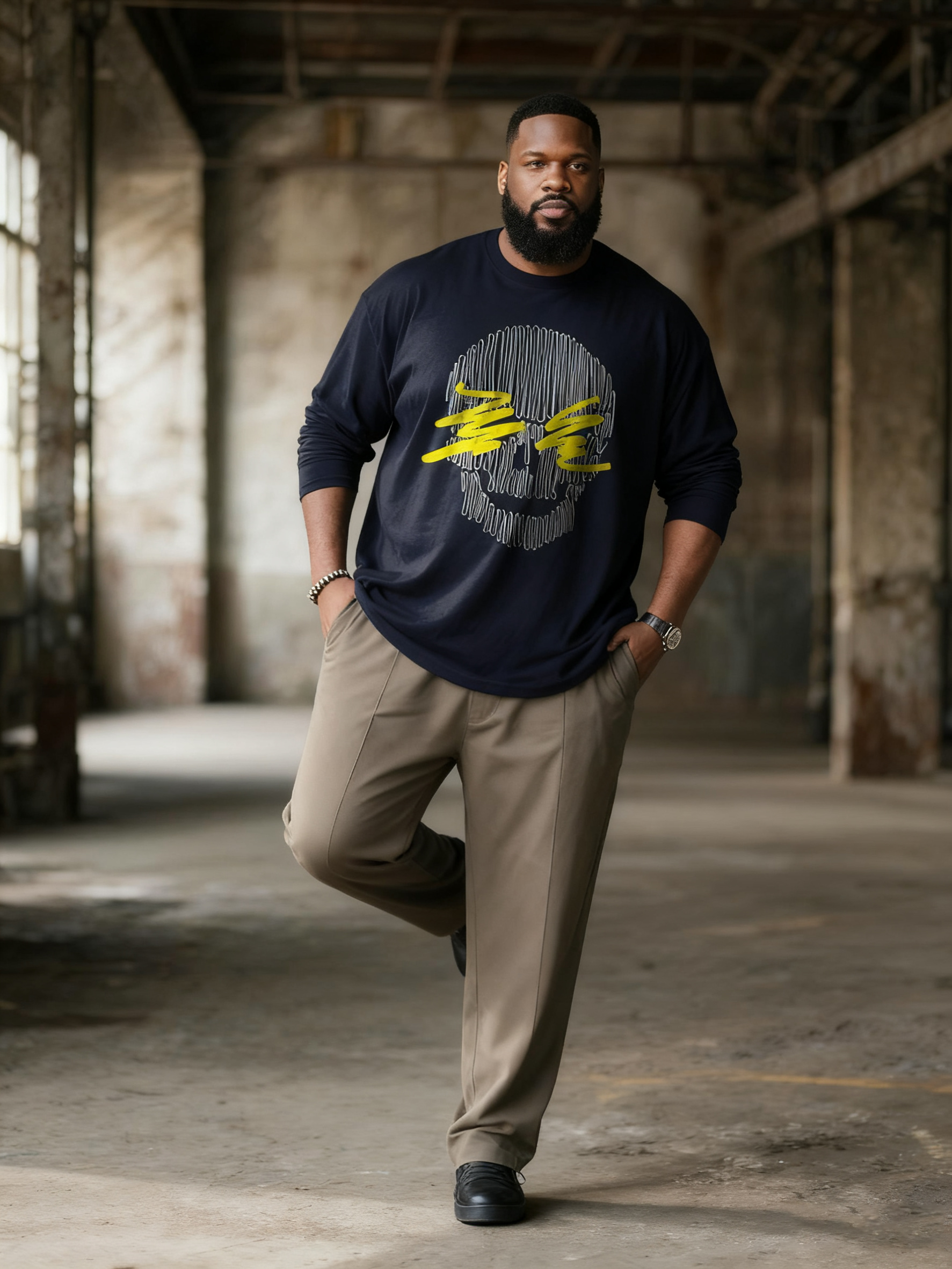 Big & Tall Men's Blue Skull Line Print Long Sleeve Tee