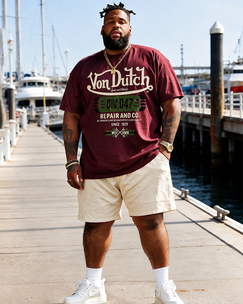 Big & Tall Men's American Vintage Von Dutch Printed Round Neck Short Sleeve T-Shirt and Shorts Set