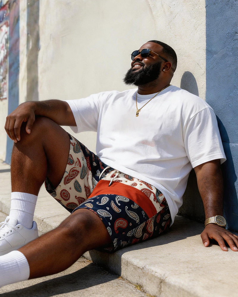Big & Tall Men's Vintage Cashew Flower POLO Letter Printed Round Neck Short Sleeve T-Shirt Shorts Set
