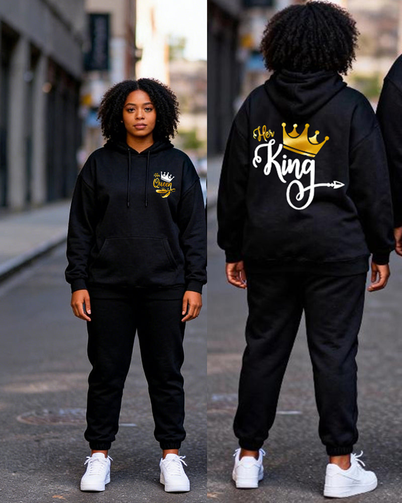 Big & Tall Couples Black Gold Crown "Her King & His Queen" Printed Hoodie Set