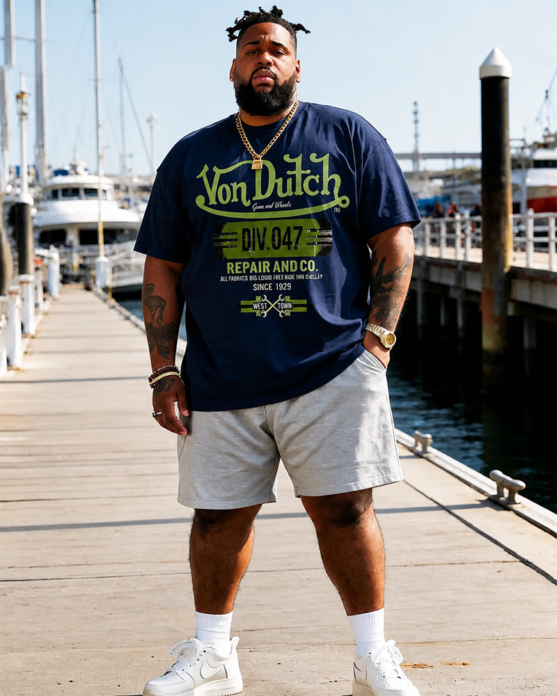 Big & Tall Men's American Vintage Von Dutch Printed Round Neck Short Sleeve T-Shirt and Shorts Set