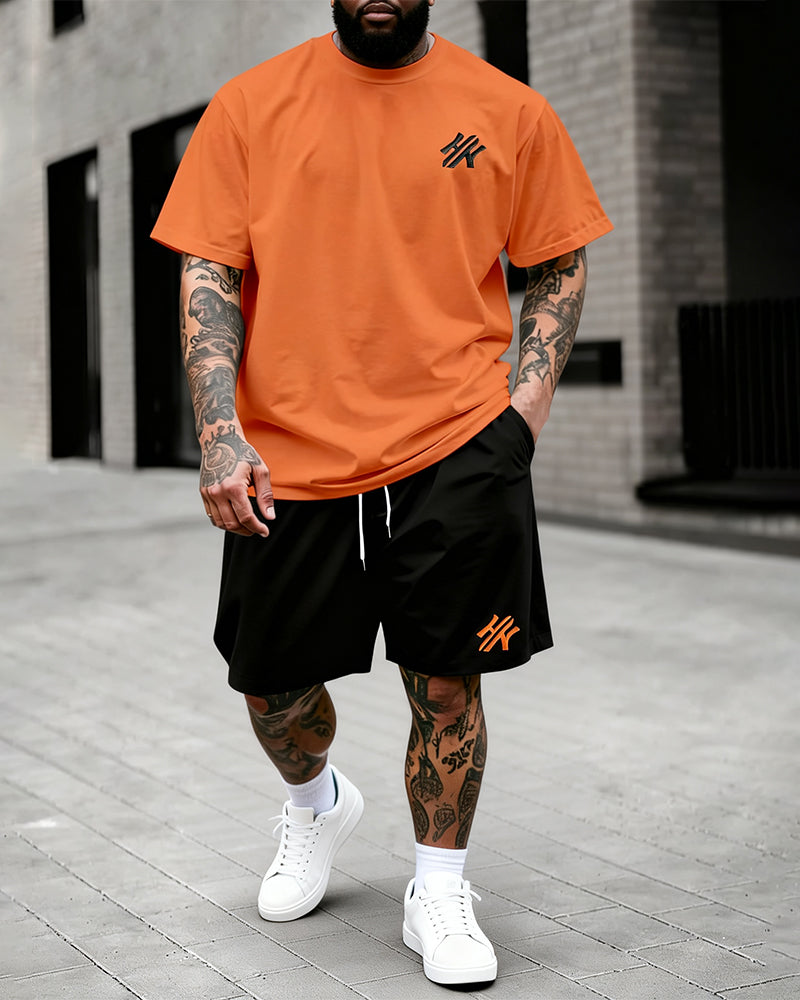 Big & Tall Men's Dark Brown Letter Print Round Neck Short Sleeve T-Shirt and Shorts Set