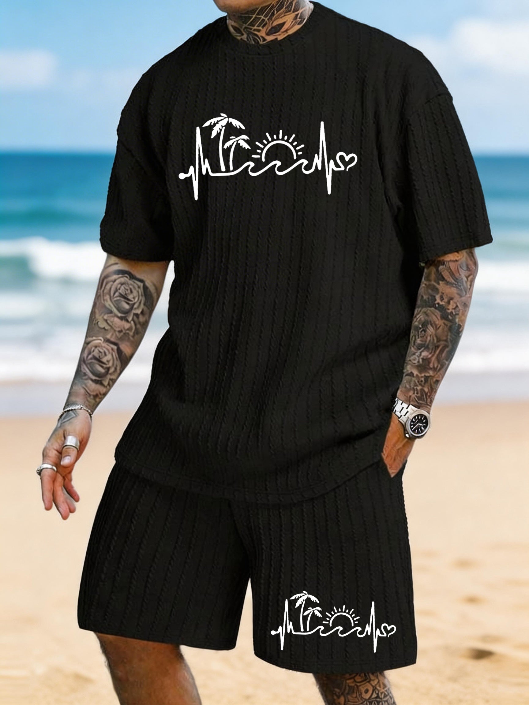 "Island Heartbeat" Coconut Tree Sun ECG Printed Texture Large Size Casual Suit