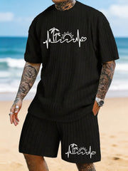 "Island Heartbeat" Coconut Tree Sun ECG Printed Texture Large Size Casual Suit