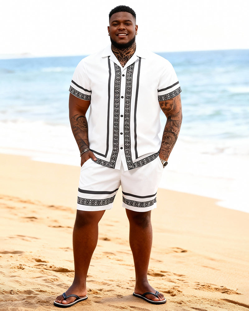 Big & Tall Men's Black And White Ethnic Style Trimmed Printed Short Sleeve Shirt And Shorts Set