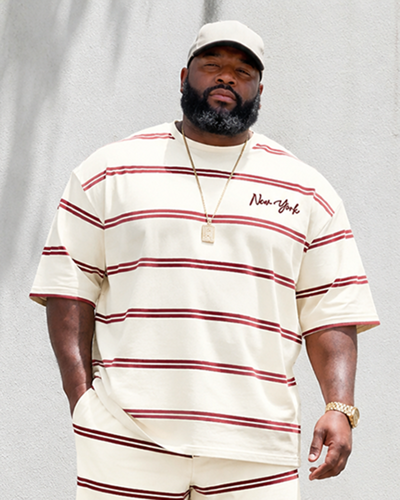 Big & Tall Men's Wine Red Horizontal Stripe New York Printed Round Neck Short Sleeve T-Shirt Shorts Set