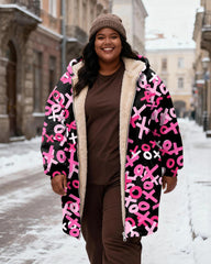 Women's Pink Black Letter Printed Velvet Thickened Long Hooded Coat