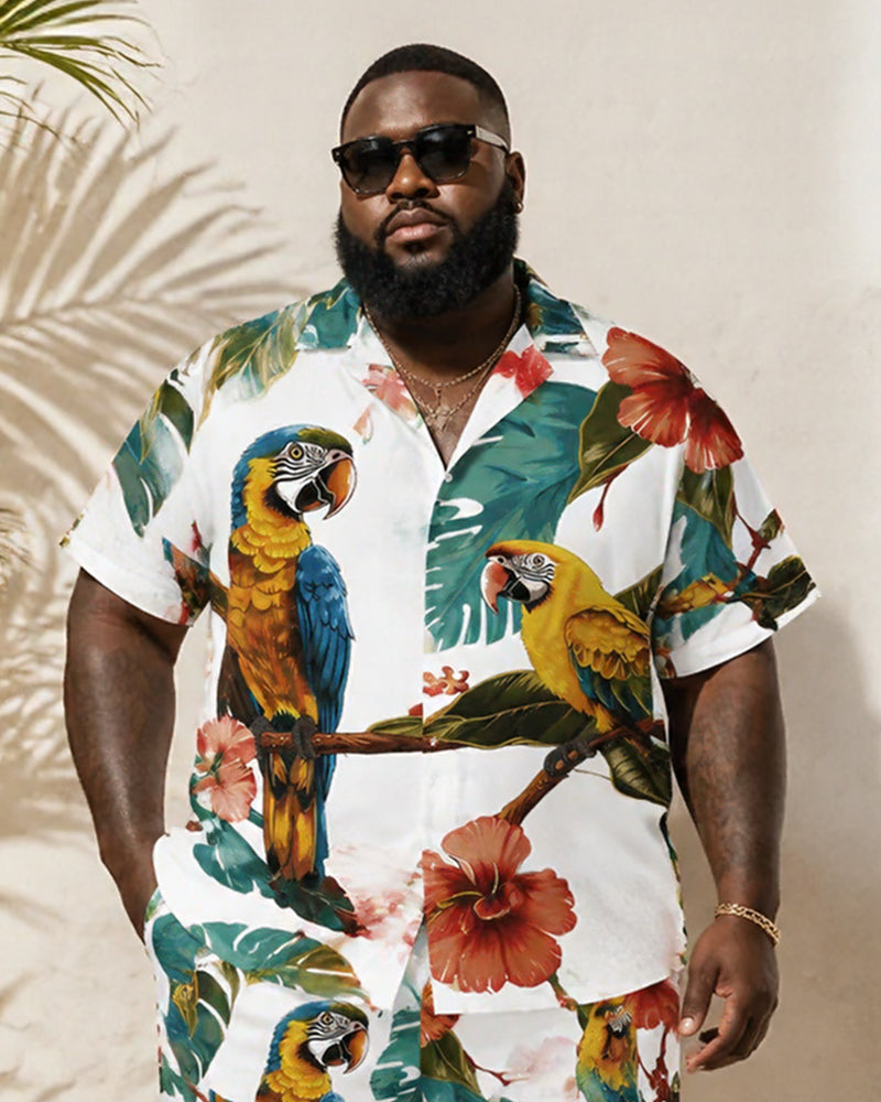 Big & Tall Men's Tropical Parrot Green Plant Printed Short Sleeve Shirt And Shorts Set