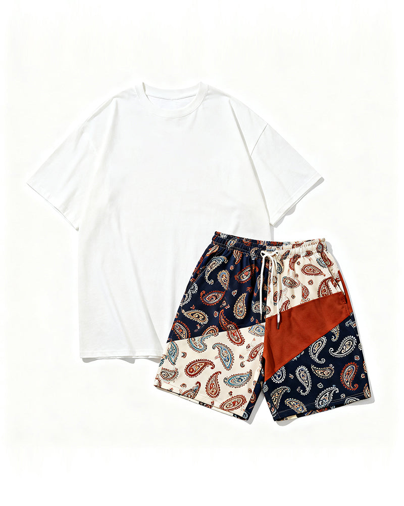 Big & Tall Men's Vintage Cashew Flower POLO Letter Printed Round Neck Short Sleeve T-Shirt Shorts Set