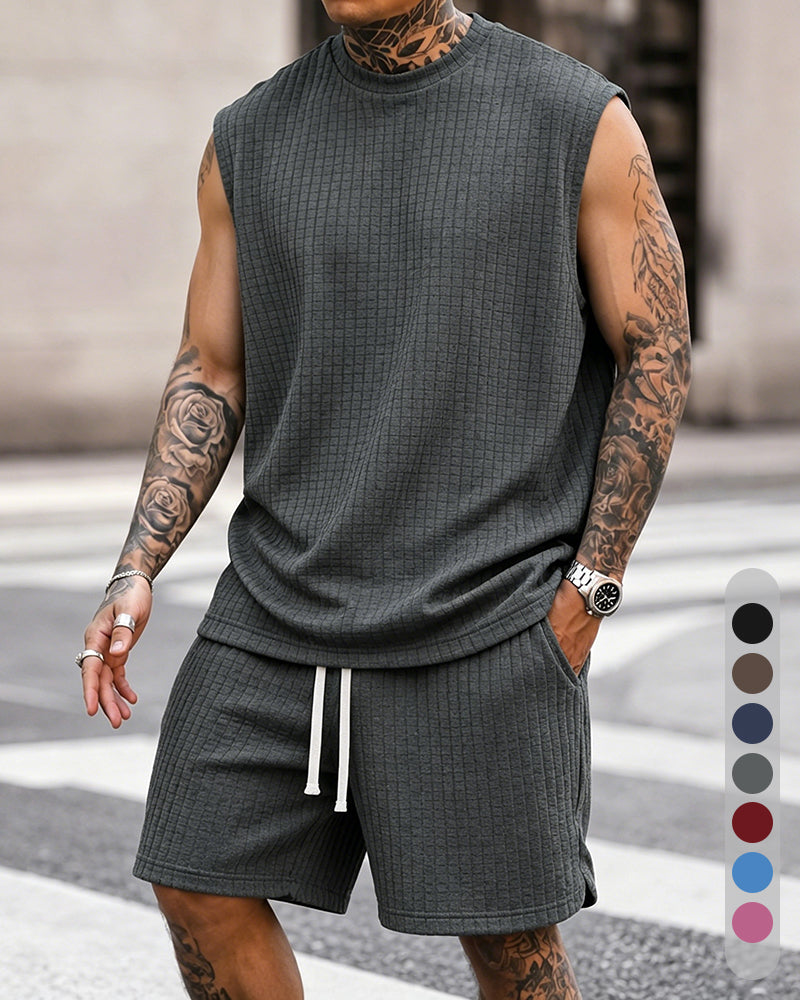 S-8XL Men's Solid-Color Ribbed Sleeveless Vest and Shorts Two-Piece Set