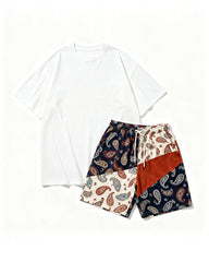 Big & Tall Men's Vintage Cashew Flower POLO Letter Printed Round Neck Short Sleeve T-Shirt Shorts Set
