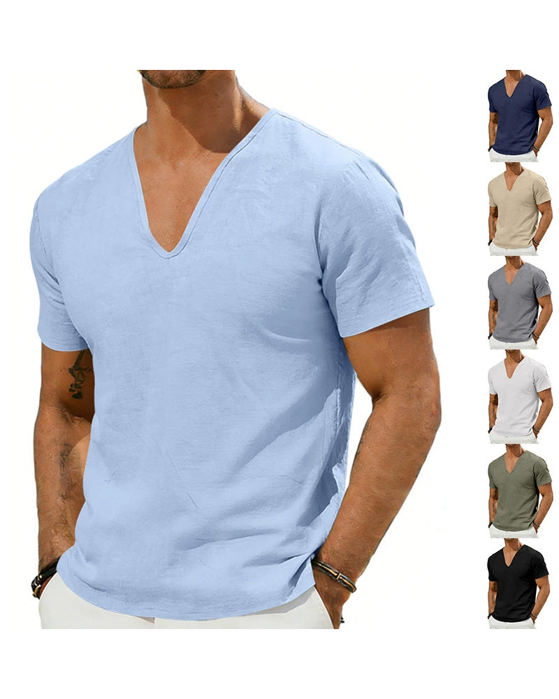 S-3XL Men's Linen Casual Deep V-neck Solid Color T-shirt
