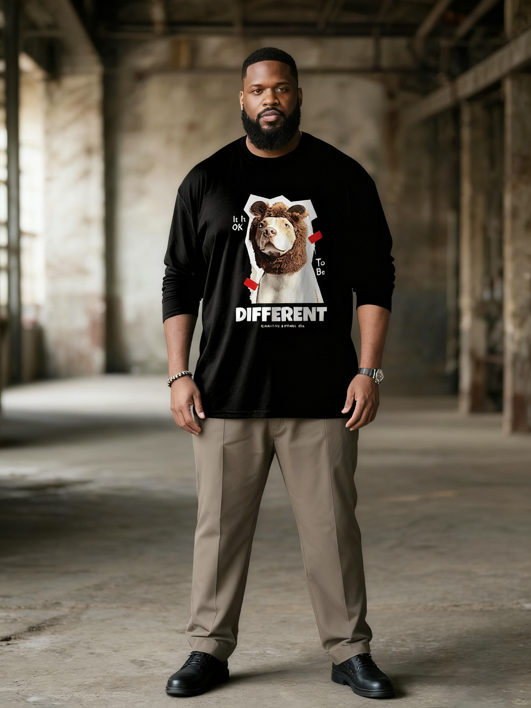 Big & Tall Men's Brown Bear Head Dog Graffiti Print Long Sleeve T-Shirt