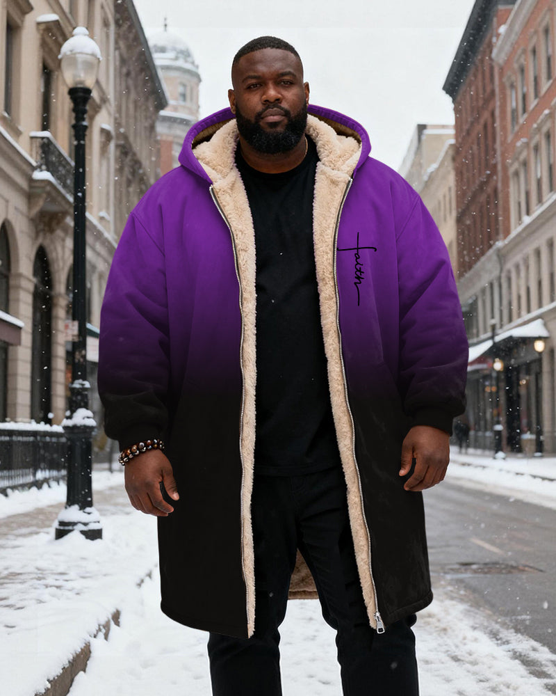 Big & Tall Men's Faith Gradient Print Velvet Thickened Long Hooded Coat