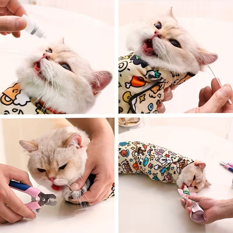 1pc Self-Adhesive Magic Wrap Cat Carrier Blanket - Cartoon Doodle Design with Stars, Clouds & Animals, Scratch-Resistant Escape-Proof Pet Wrap for Feeding, Grooming & Travel, Easy No-Roll Application, Grooming