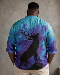Big & Tall Men's Starry Elk Silhouette Print Collar Long Sleeve Shirt