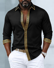 Big & Tall Men's  Gold Greek Key Trim Print Long Sleeve Shirt