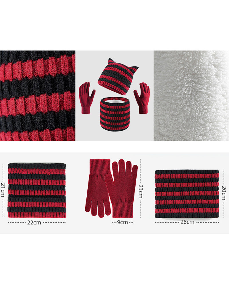 Warm Cat Ear Striped Knitted Hat Scarf Gloves Three-piece Set