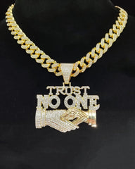 Big & Tall Men's Rhinestone Decorated Cuban Link Chain Necklace with Letter Handshake Shaped Pendant Design
