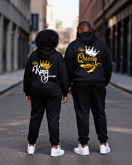 Big & Tall Couples Black Gold Crown "Her King & His Queen" Printed Hoodie Set