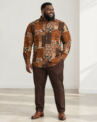 Big & Tall Men's Retro Brown Ethnic Geometric Print Long Sleeve Shirt Pants Set