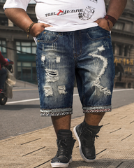 28-48 Size Irregular Distressed Flanged Denim Cropped Shorts
