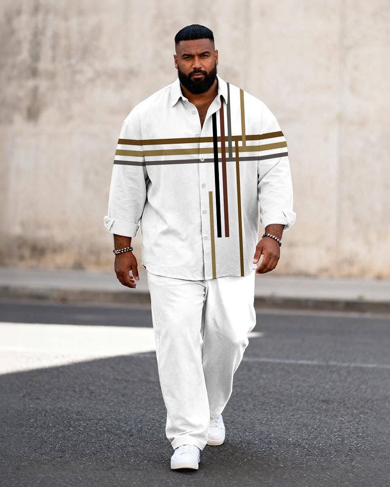Big & Tall Men's Business Colorblock Striped Print Long Sleeve Shirt Pants Set