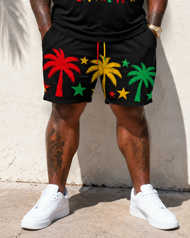 Big & Tall Men's Reggae ALOHA Alphabet Coconut Tree Star Print Tank Top Shorts Set