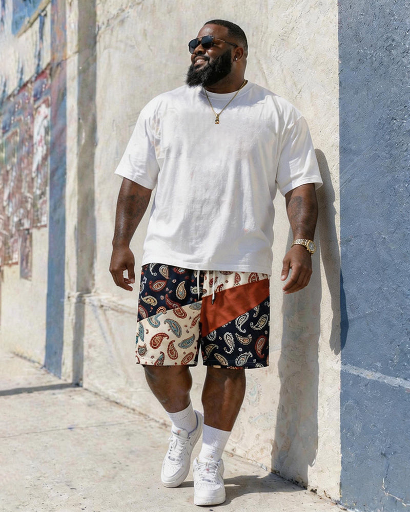 Big & Tall Men's Vintage Cashew Flower POLO Letter Printed Round Neck Short Sleeve T-Shirt Shorts Set