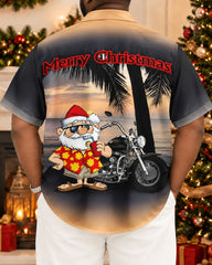Big & Tall Men's Christmas Holiday Santa Claus Motorcycle Printed Short Sleeve Shirt