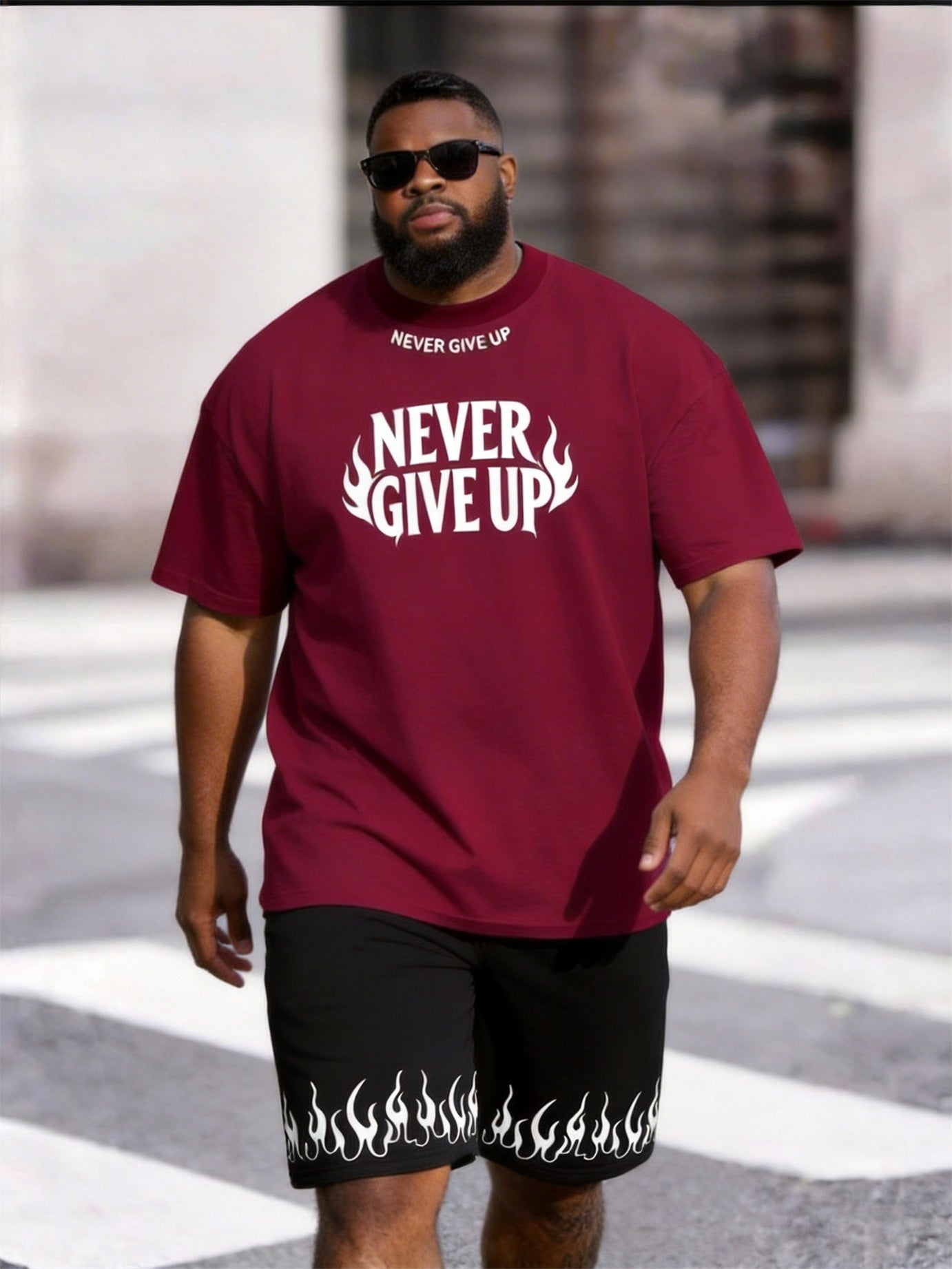 Big & Tall Men's Flame Letter NEVER GIVE UP Printed Round Neck Short Sleeve T-Shirt Shorts Set