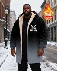 Big & Tall Men's "BAD BOY" Orange Black Gradient Printed Velvet Padded Long Hooded Coat