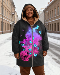 Women's Black Base Purple Blue Butterfly Printed Velvet Thickened Long Hooded Coat