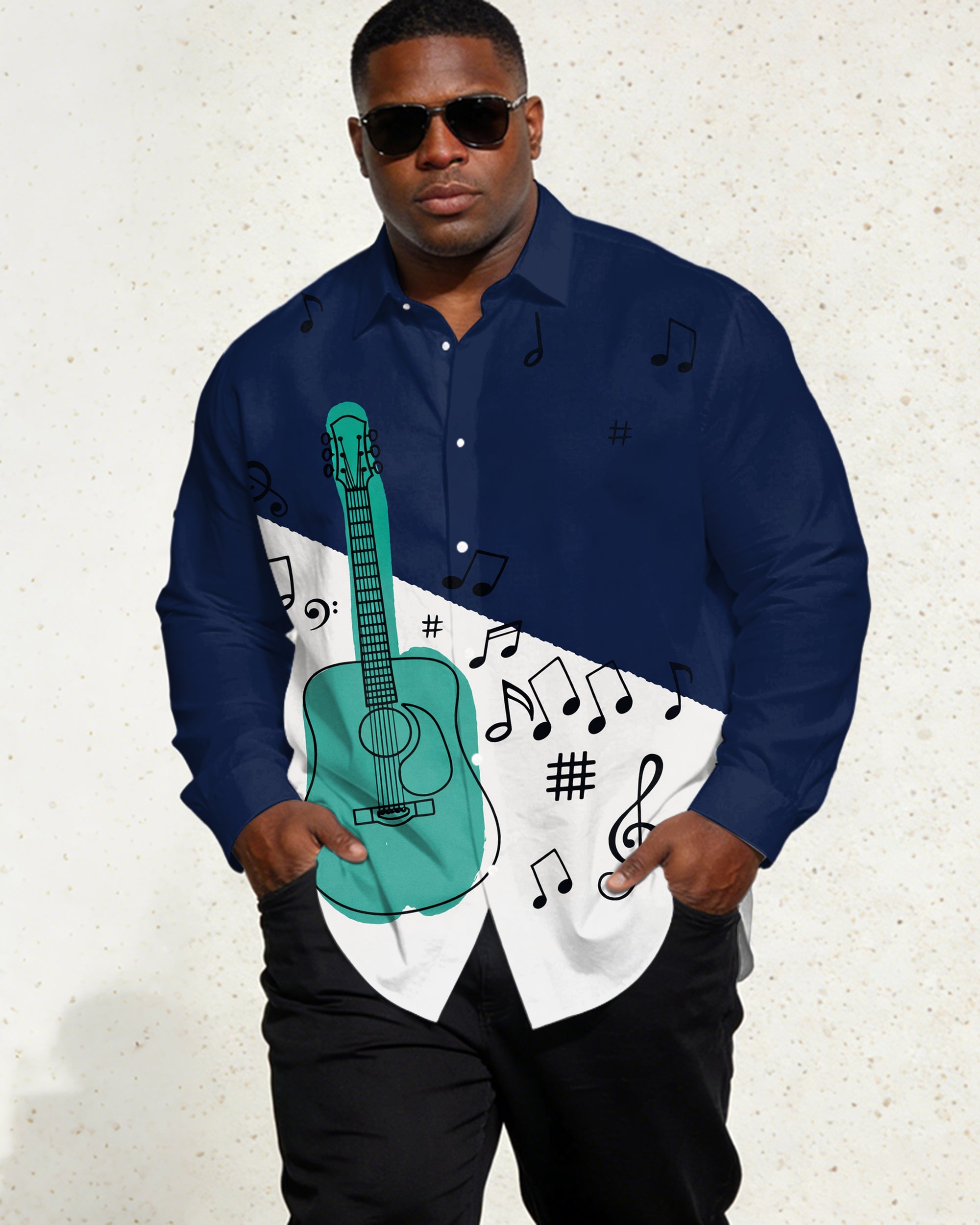 Men's Plus Size Royal Blue Music Festival Carnival Long Sleeve Lar Shirt