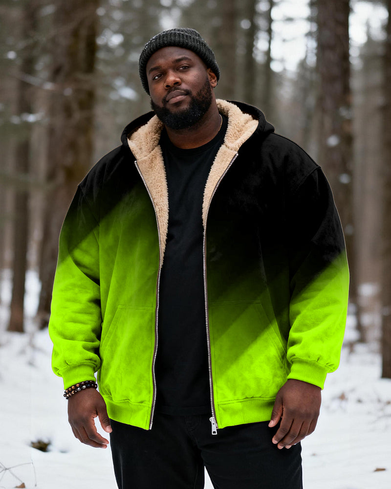 Big & Tall Men's Black And Red Gradient Print Velvet Thickened Zip Cardigan Hoodie