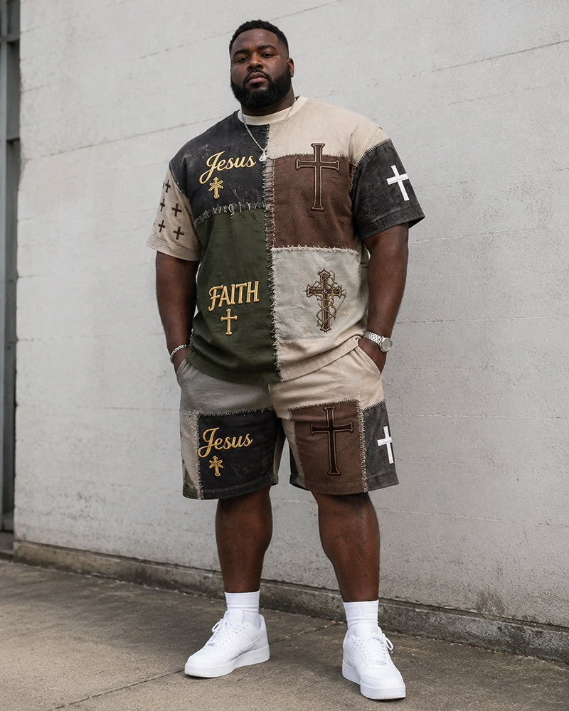 Big & Tall Men's Retro Distressed Stitching Cross JESUS FAITH Printed Crew Neck Short Sleeve T-shirt Shorts Set