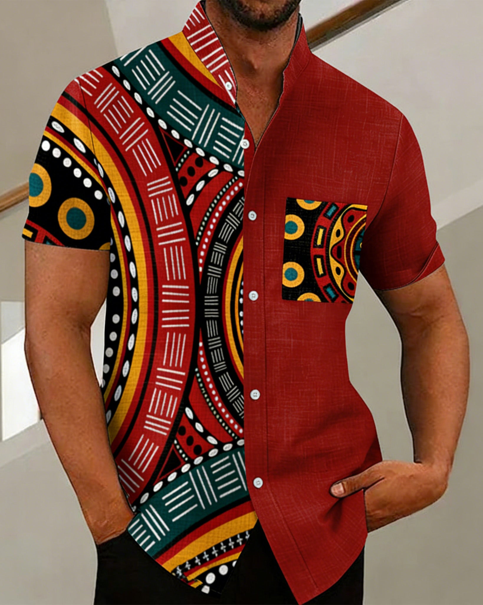 Big & Tall Men's Tribal Totem Splicing Print Henry Collar Short Sleeve Shirt