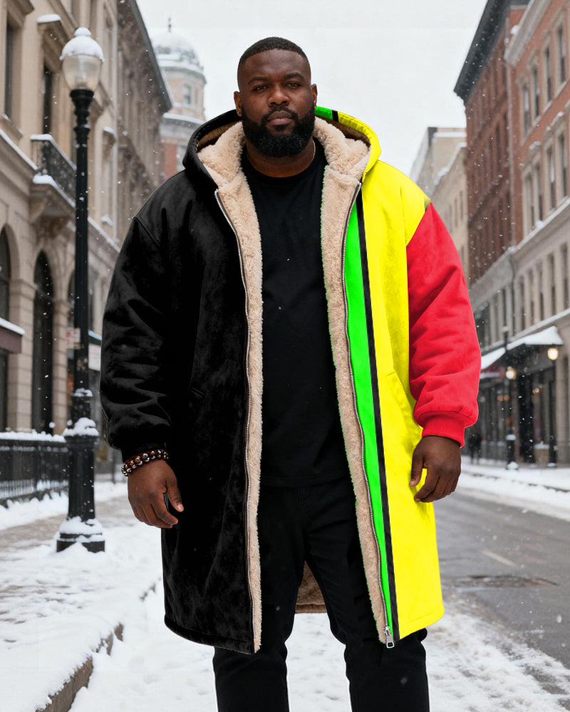 Big & Tall Men's Black, Yellow, Green And Red Contrast Stitching Printed Velvet Padded Long Hooded Coat