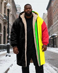 Big & Tall Men's Black, Yellow, Green And Red Contrast Stitching Printed Velvet Padded Long Hooded Coat