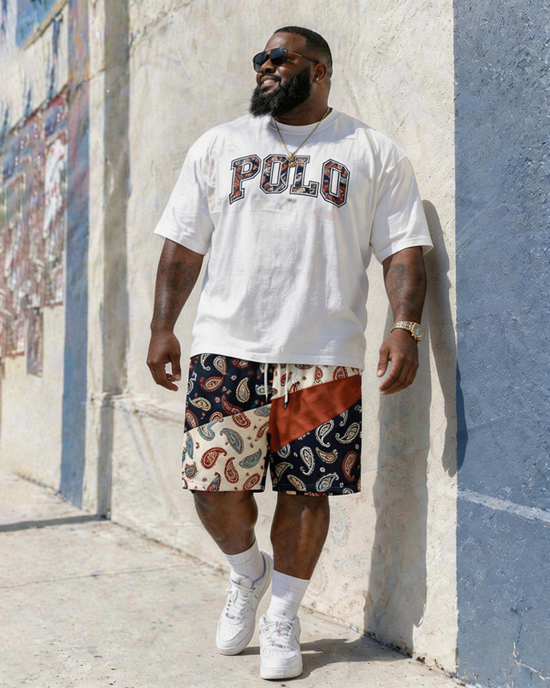 Big & Tall Men's Vintage Cashew Flower POLO Letter Printed Round Neck Short Sleeve T-Shirt Shorts Set