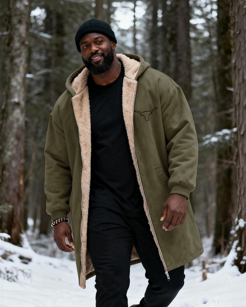 Big & Tall Men's Hunting Style Bull Totem Print Velvet Thickened Long Hooded Coat