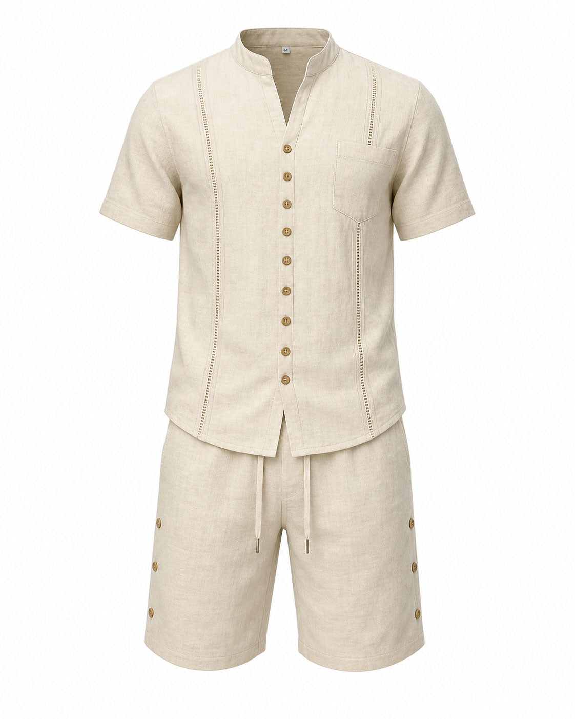 Men's Linen Solid Color Breathable Eco-Friendly Comfortable Retro Casual Button V-Neck Cardigan Short Sleeve Shirt Shorts Set
